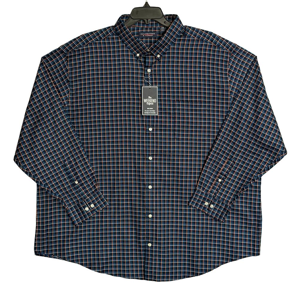 Roundtree & Yorke Men's Weekend Oxford Shirt 3XB Big & Tall Dk Blue Gingham NWT